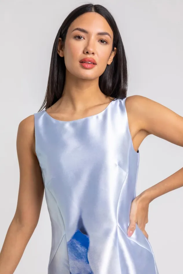 Blue Abstract Dipped Hem Asymmetric Midi Dress Women Roman Dresses