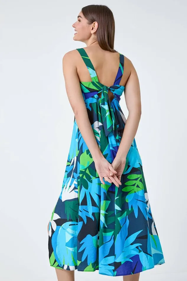 Blue Abstract Leaf Tie Back Midi Dress Women Roman Dresses