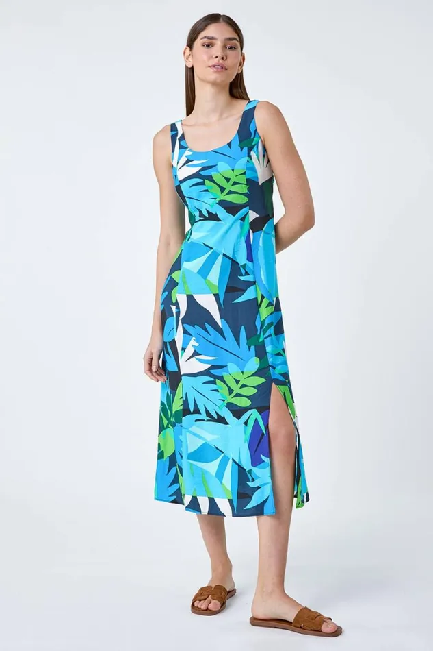 Blue Abstract Leaf Tie Back Midi Dress Women Roman Dresses