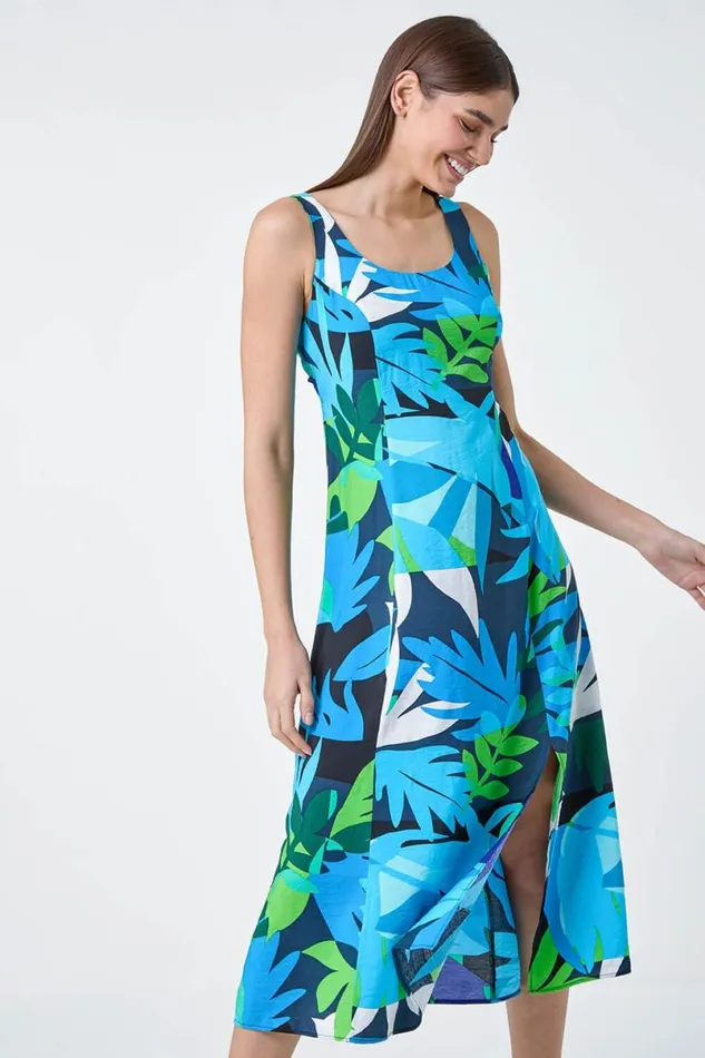 Blue Abstract Leaf Tie Back Midi Dress Women Roman Dresses