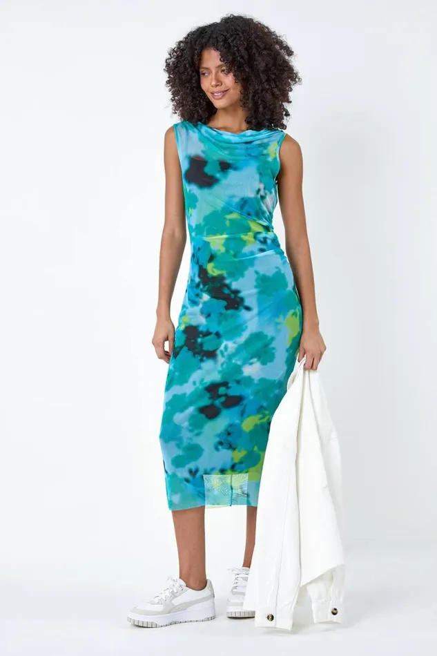 Blue Abstract Print Stretch Mesh Midi Dress Women Roman Dresses