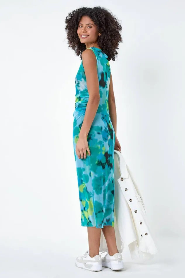 Blue Abstract Print Stretch Mesh Midi Dress Women Roman Dresses