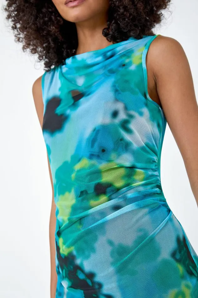 Blue Abstract Print Stretch Mesh Midi Dress Women Roman Dresses