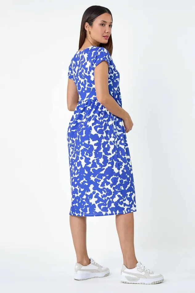 Blue Abstract Print Stretch Pocket TShirt Dress Women Roman Dresses