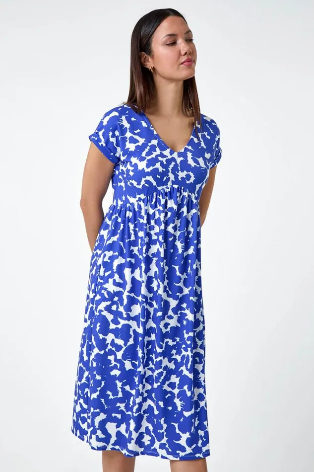 Blue Abstract Print Stretch Pocket TShirt Dress Women Roman Dresses