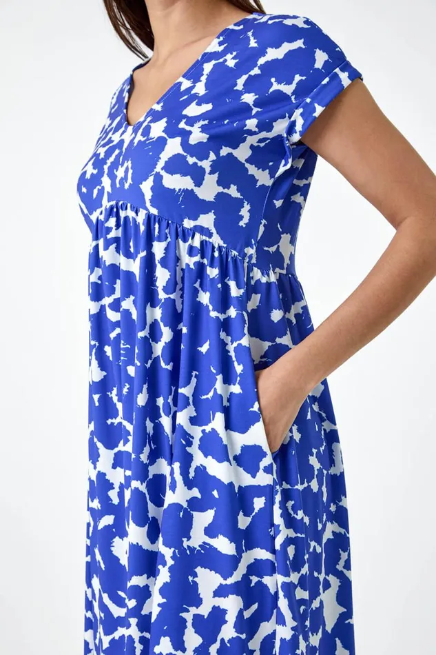 Blue Abstract Print Stretch Pocket TShirt Dress Women Roman Dresses