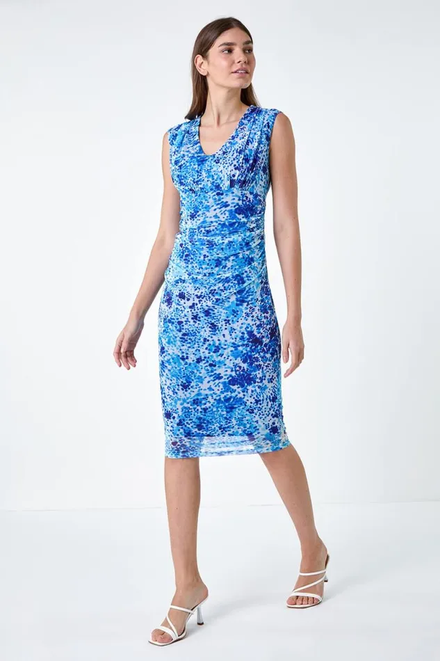 Blue Abstract Spot Ruched Mesh Stretch Dress Women Roman Dresses