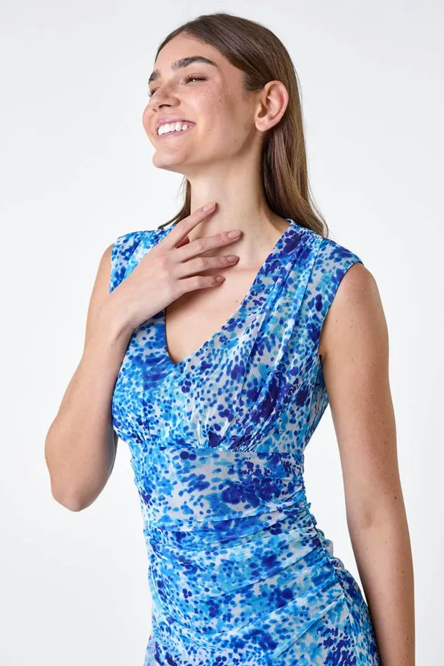 Blue Abstract Spot Ruched Mesh Stretch Dress Women Roman Dresses