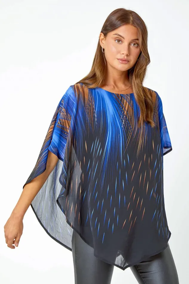 Blue Abstract Stretch Chiffon Overlay Top Women Roman Tops