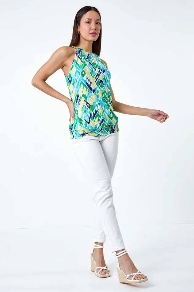 Blue Aztec Print Shirred Stretch Halterneck Top Women Roman Tops