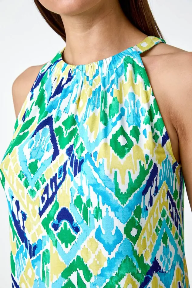 Blue Aztec Print Shirred Stretch Halterneck Top Women Roman Tops