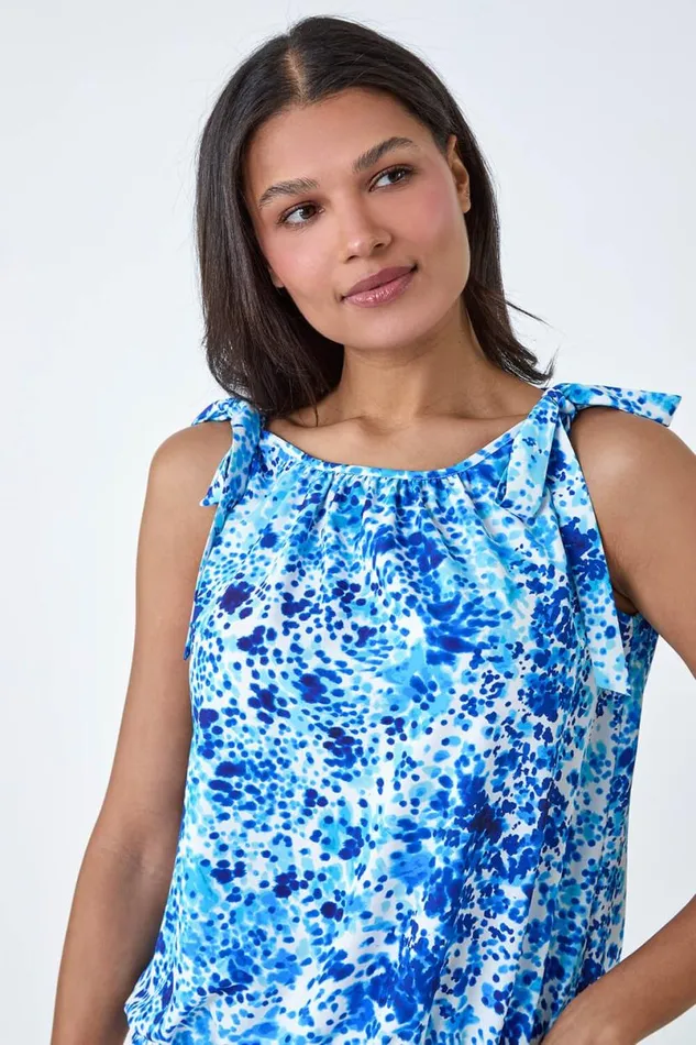 Blue Bow Detail Abstract Spot Shirred Top Women Roman Tops