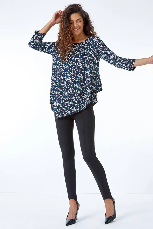 Blue Burnout Animal Asymmetric Stretch Top Women Roman Tops