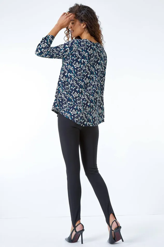 Blue Burnout Animal Asymmetric Stretch Top Women Roman Tops
