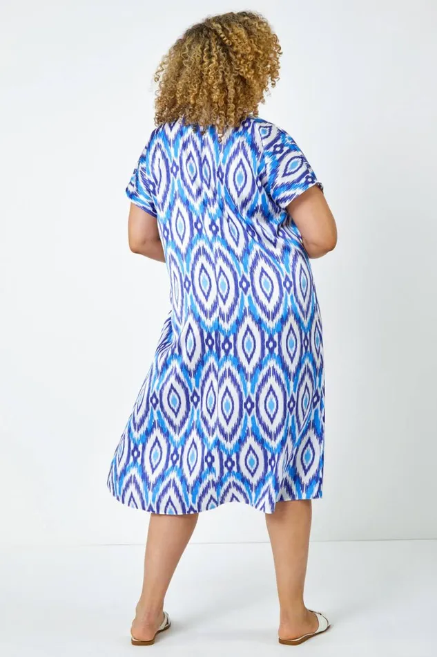 Blue Curve Aztec Print Relaxed Midi Dress Women Roman Dresses