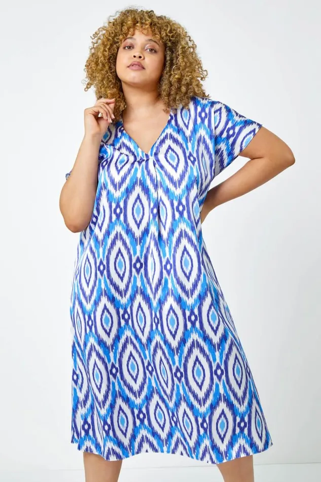 Blue Curve Aztec Print Relaxed Midi Dress Women Roman Dresses