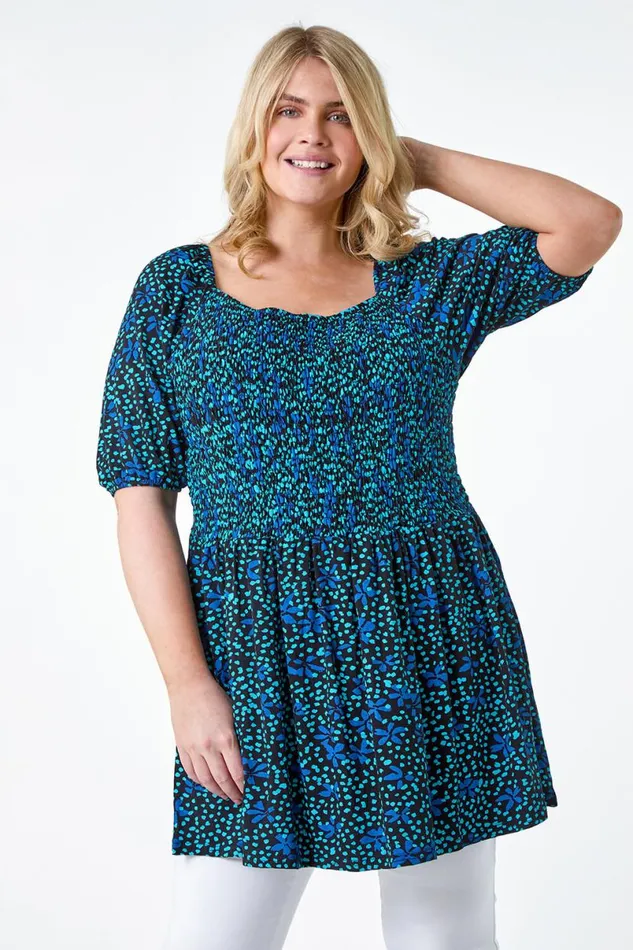 Blue Curve Floral Longline Stretch Shirred Top Women Roman Tops