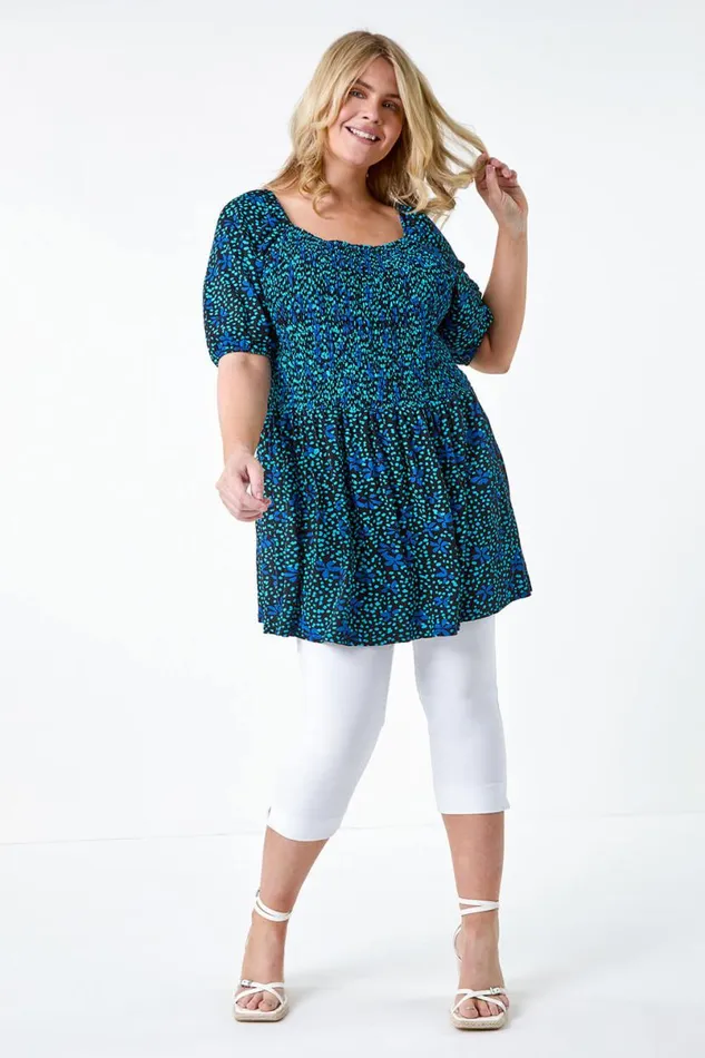 Blue Curve Floral Longline Stretch Shirred Top Women Roman Tops