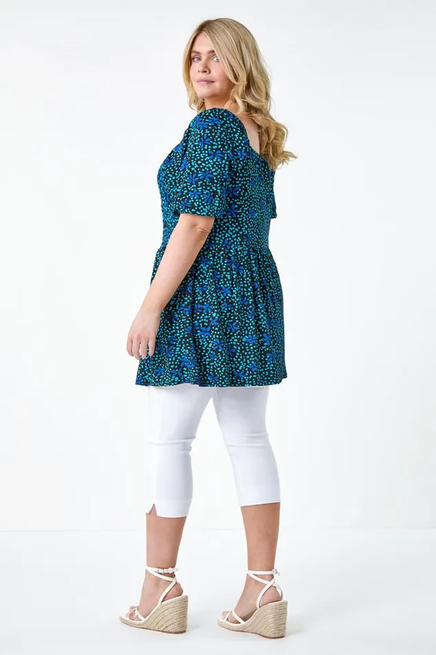 Blue Curve Floral Longline Stretch Shirred Top Women Roman Tops