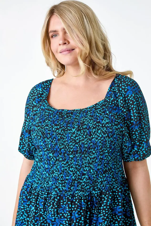 Blue Curve Floral Longline Stretch Shirred Top Women Roman Tops
