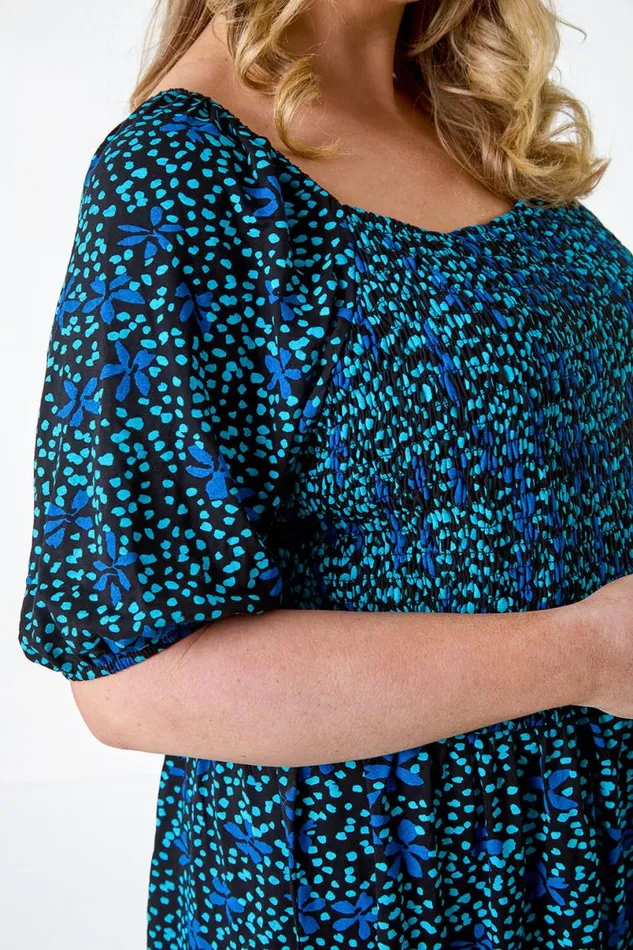 Blue Curve Floral Longline Stretch Shirred Top Women Roman Tops