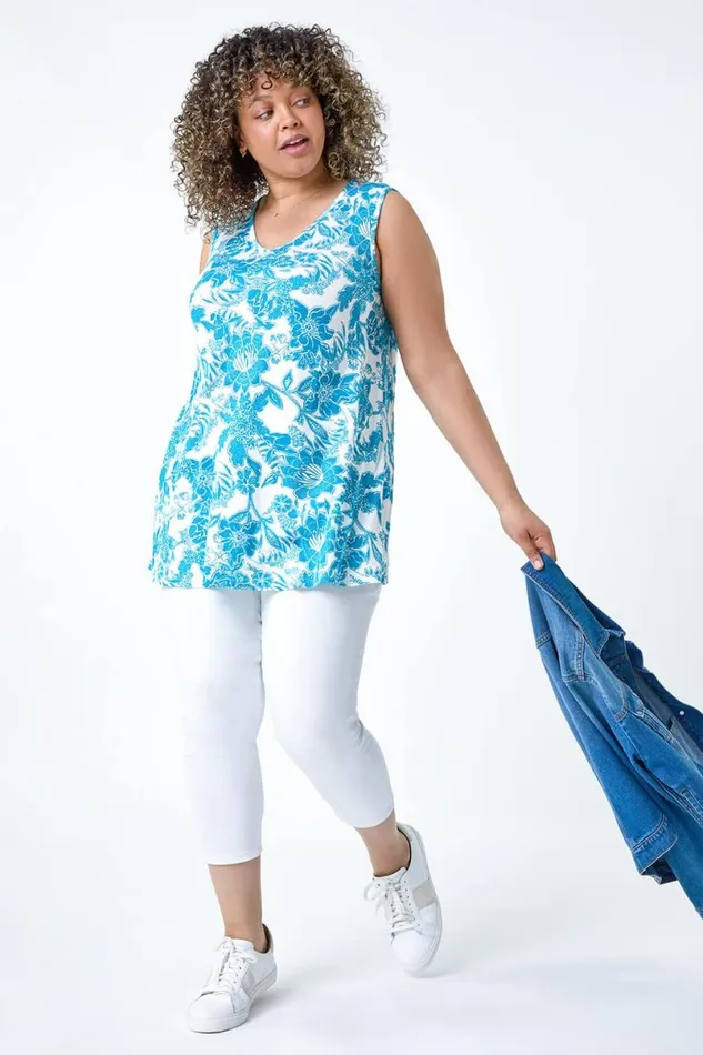 Blue Curve Floral Print VNeck Tunic Vest Top Women Roman Tops