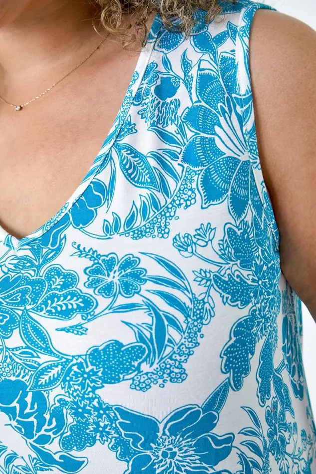 Blue Curve Floral Print VNeck Tunic Vest Top Women Roman Tops