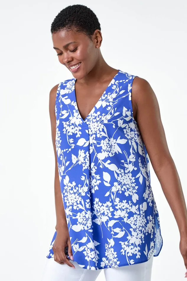 Blue Ditsy Floral Sleeveless Pleat Vest Top Women Roman Tops