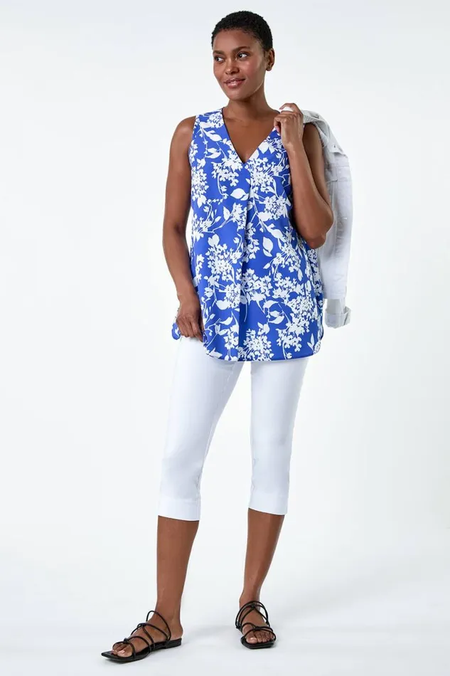 Blue Ditsy Floral Sleeveless Pleat Vest Top Women Roman Tops