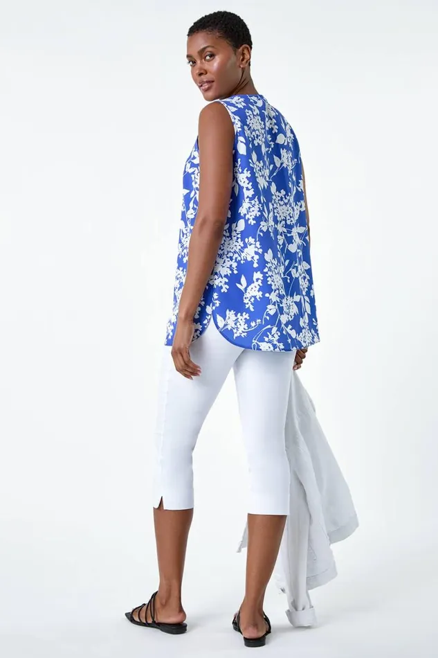 Blue Ditsy Floral Sleeveless Pleat Vest Top Women Roman Tops