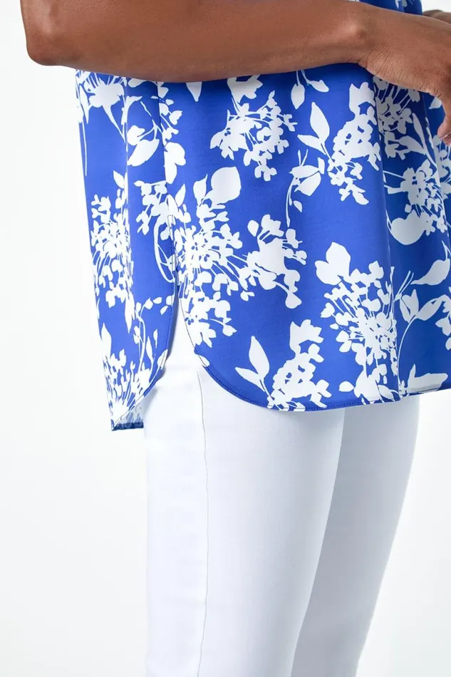 Blue Ditsy Floral Sleeveless Pleat Vest Top Women Roman Tops