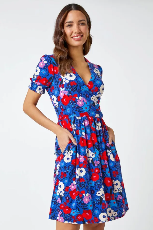 Blue Floral Frill Sleeve Wrap Dress Women Roman Dresses