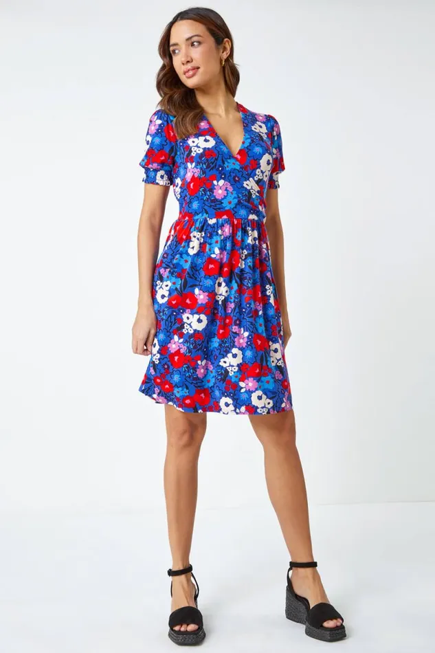 Blue Floral Frill Sleeve Wrap Dress Women Roman Dresses
