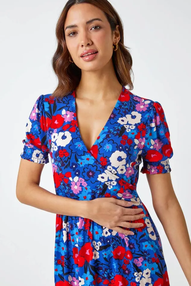 Blue Floral Frill Sleeve Wrap Dress Women Roman Dresses