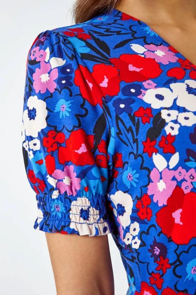 Blue Floral Frill Sleeve Wrap Dress Women Roman Dresses
