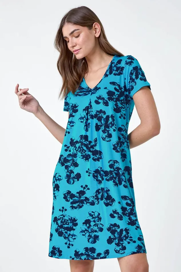 Blue Floral Pleat Front Stretch Pocket Dress Women Roman Dresses