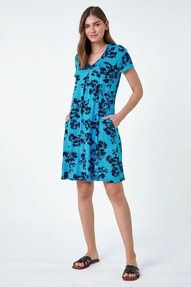 Blue Floral Pleat Front Stretch Pocket Dress Women Roman Dresses