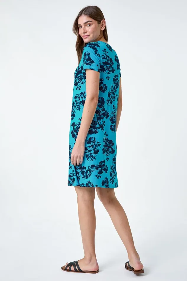 Blue Floral Pleat Front Stretch Pocket Dress Women Roman Dresses