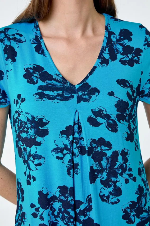 Blue Floral Pleat Front Stretch Pocket Dress Women Roman Dresses