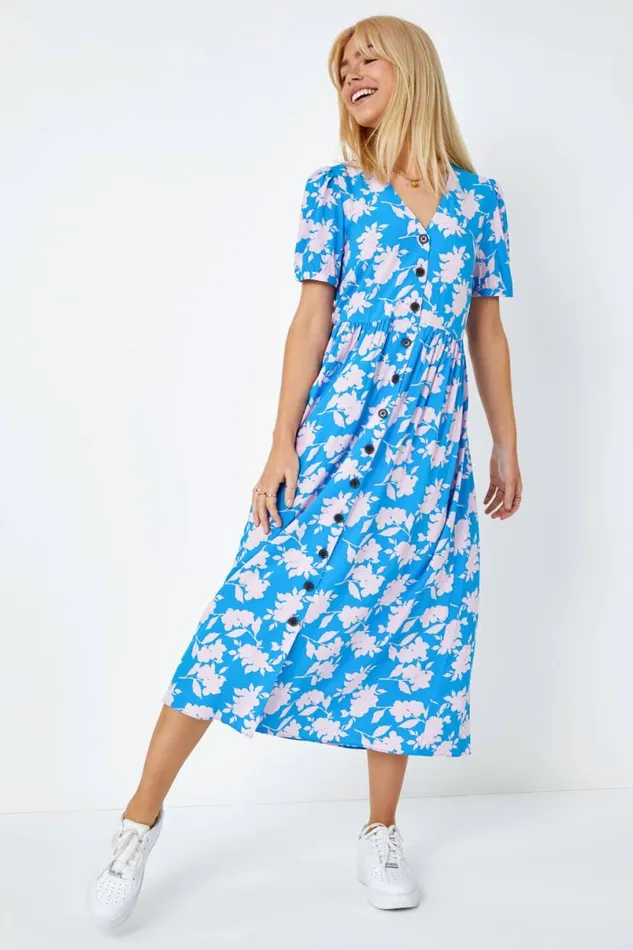 Blue Floral Print Button Detail Maxi Dress Women Roman Dresses