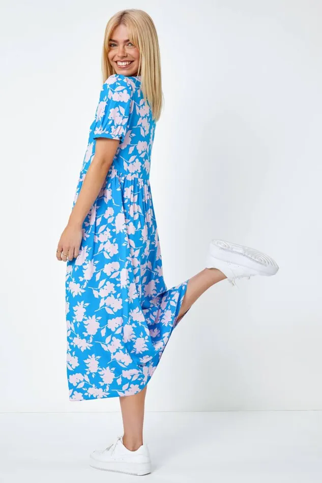 Blue Floral Print Button Detail Maxi Dress Women Roman Dresses