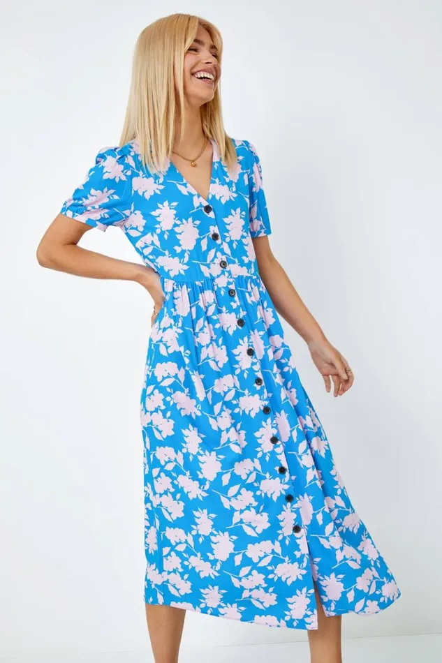 Blue Floral Print Button Detail Maxi Dress Women Roman Dresses