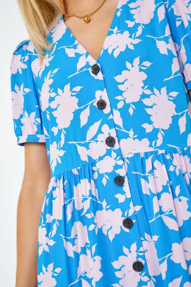 Blue Floral Print Button Detail Maxi Dress Women Roman Dresses