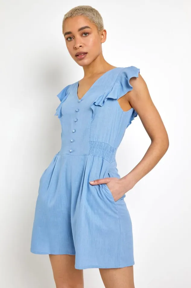 Blue Frill Detail Linen Playsuit Women Roman Dresses
