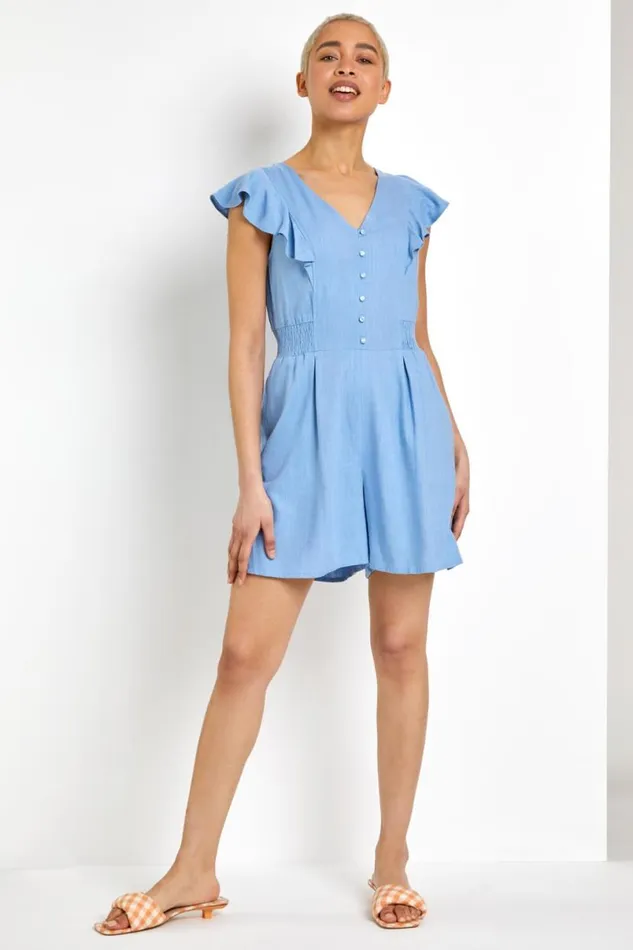 Blue Frill Detail Linen Playsuit Women Roman Dresses