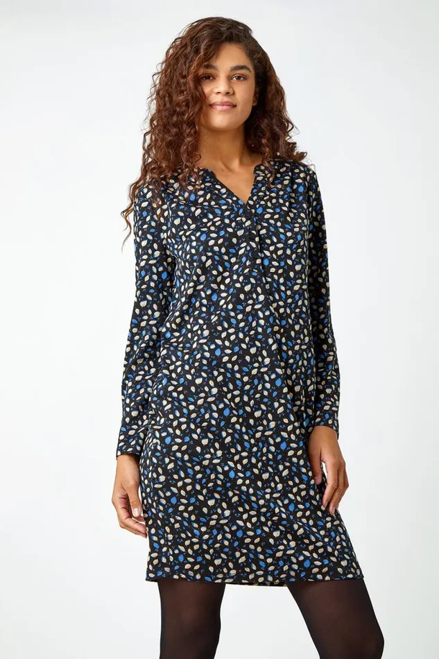 Blue Leaf Print Pocket Shift Dress Women Roman Dresses