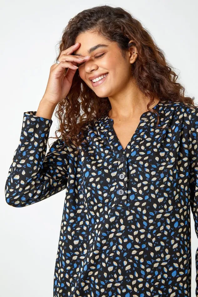 Blue Leaf Print Pocket Shift Dress Women Roman Dresses