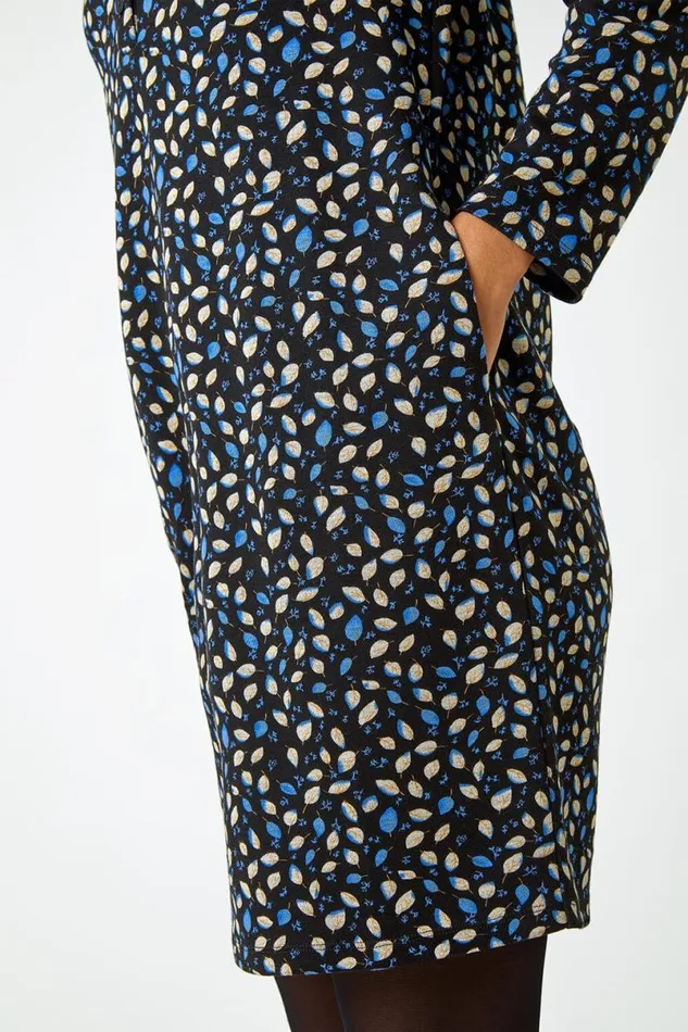 Blue Leaf Print Pocket Shift Dress Women Roman Dresses