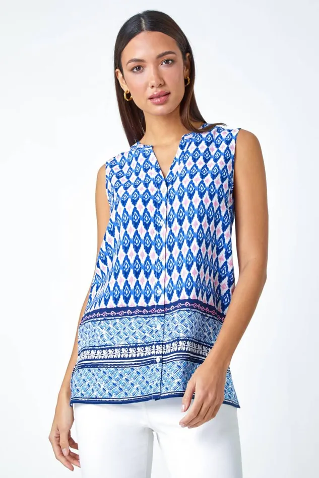Blue Longline Border Print VNeck Blouse Women Roman Tops