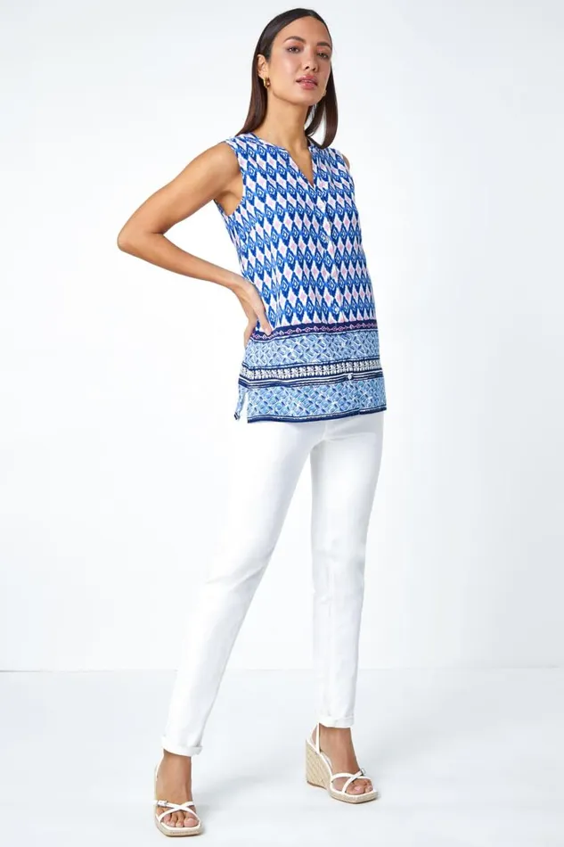 Blue Longline Border Print VNeck Blouse Women Roman Tops